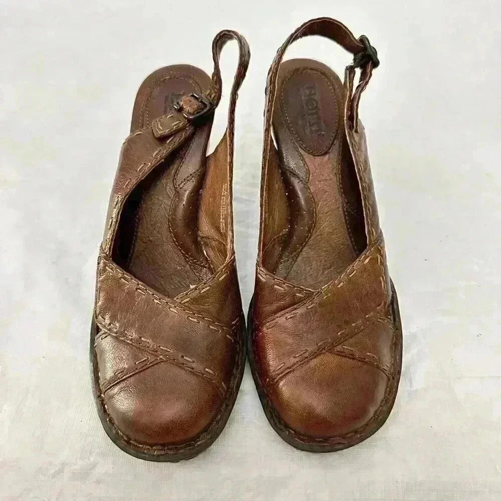 Born Brown Leather Closed Toe Slingback Heels Pumps Shoes Womens Sz 7 - Picture 3 of 7